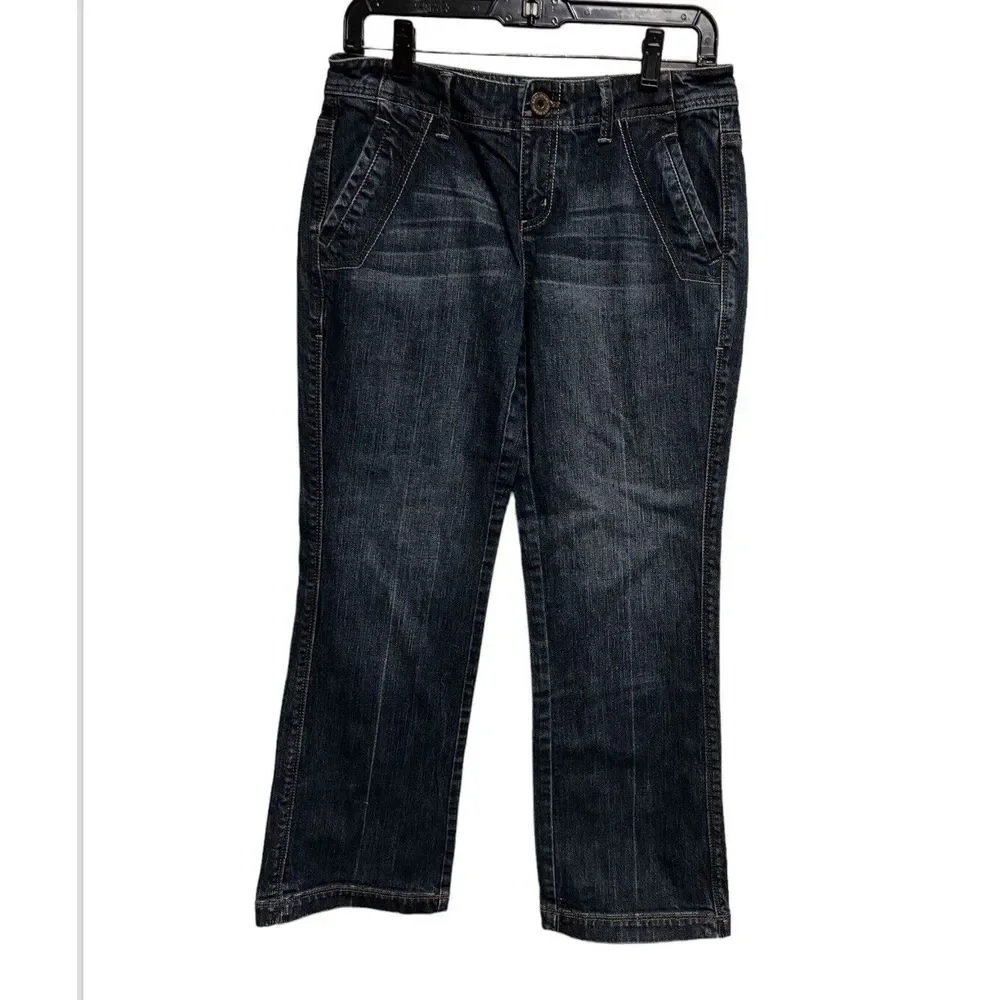 Womens Dark Wash Cropped Flare Jeans Low Rise Y2K‎ Style Denim Blue 31x25